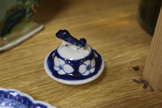 Two famille verte vases, two blue and white Chinese vases, a dish and a carved stand